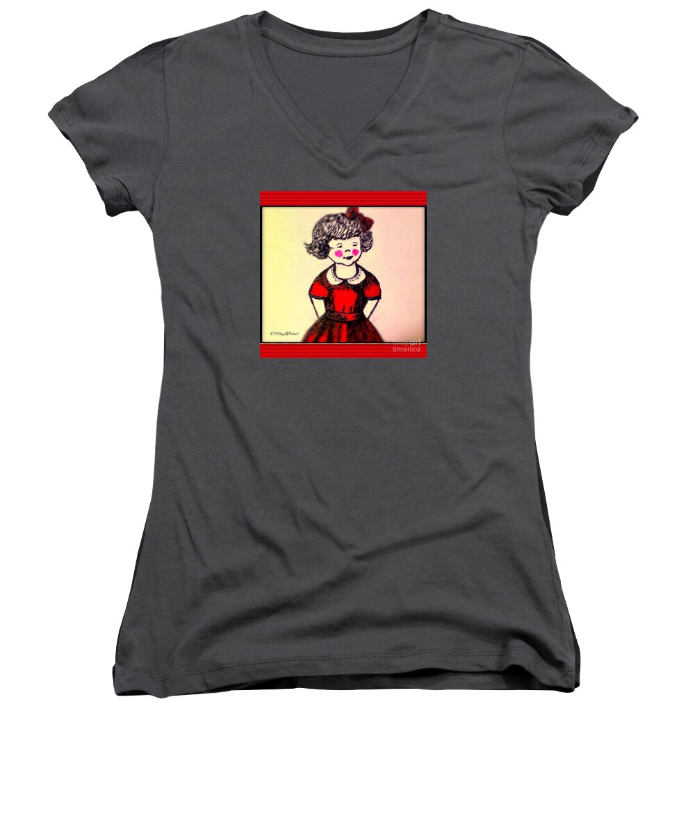  Little Girl Women's V-Neck featuring the mixed media Red Dress by MaryLee Parker