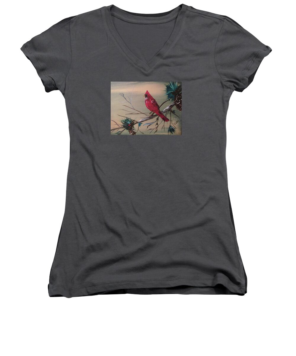 Red Cardinal Women's V-Neck featuring the painting Red Drifter by Susan Voidets