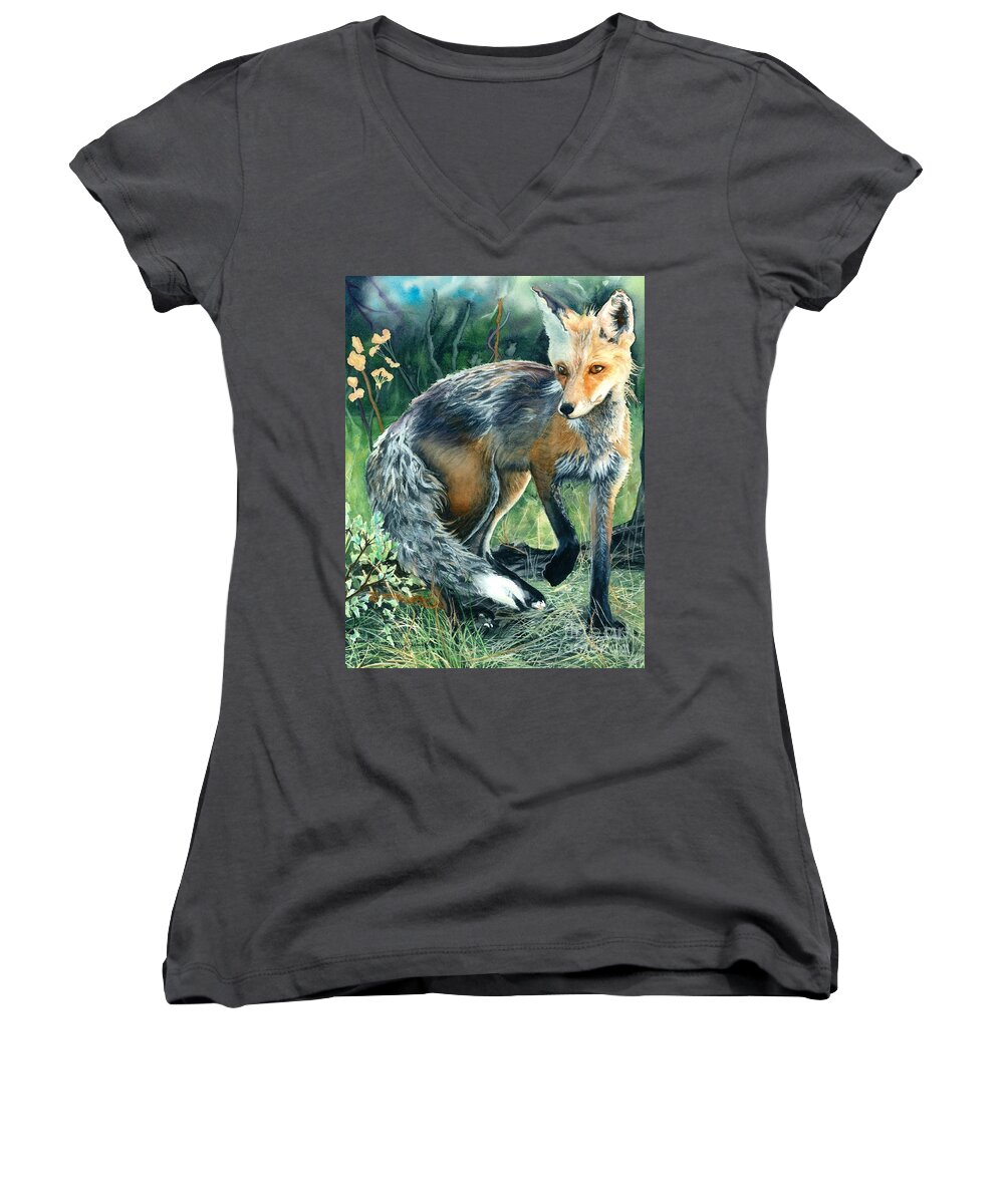 Fox Women's V-Neck featuring the painting Red Fox- Caught in the Moment by Barbara Jewell