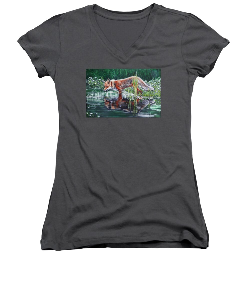 Fox Women's V-Neck featuring the painting Red Fox Reflecting by John Neeve