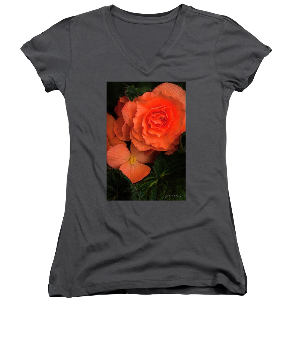 Red Flowers Women's V-Neck featuring the photograph Red Giant Begonia Ruffle Form by John A Rodriguez