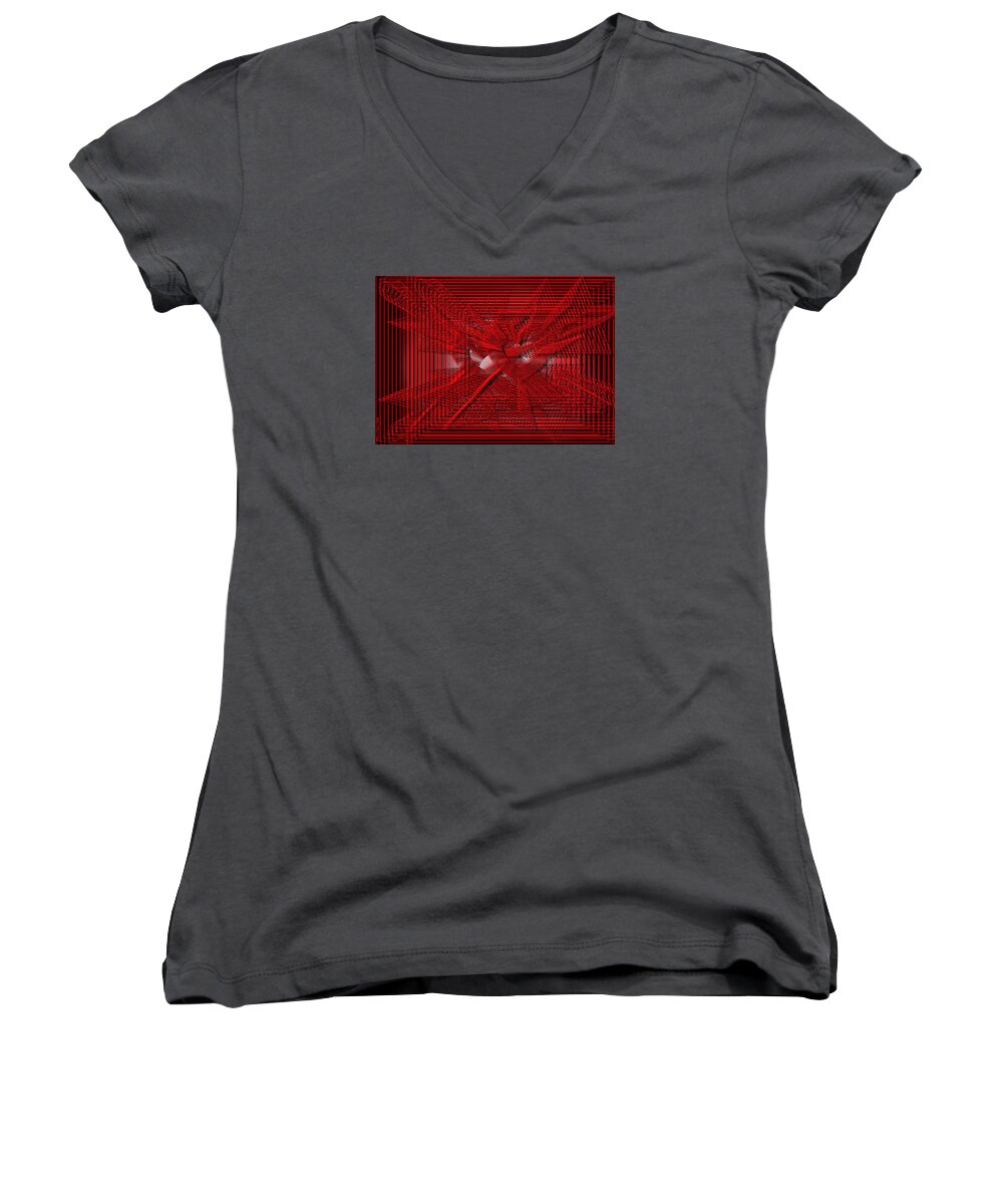 Abstract Women's V-Neck featuring the digital art Red Heartwires by ThomasE Jensen
