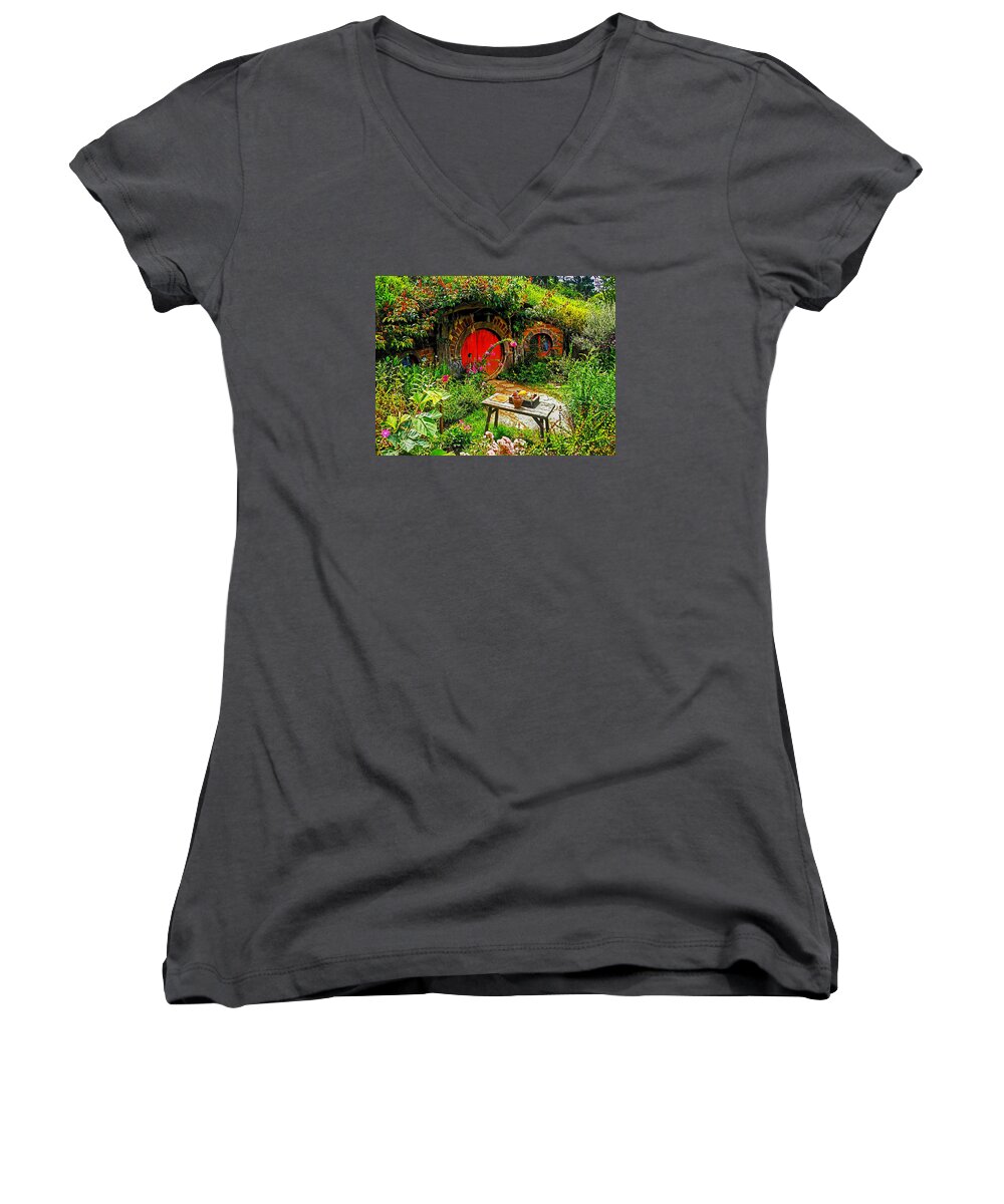 Hobbiton Women's V-Neck featuring the photograph Red Hobbit Door by Kathy Kelly