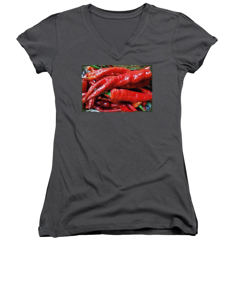 Red Peppers Women's V-Neck featuring the painting Red Hot Peppers by Joan Reese