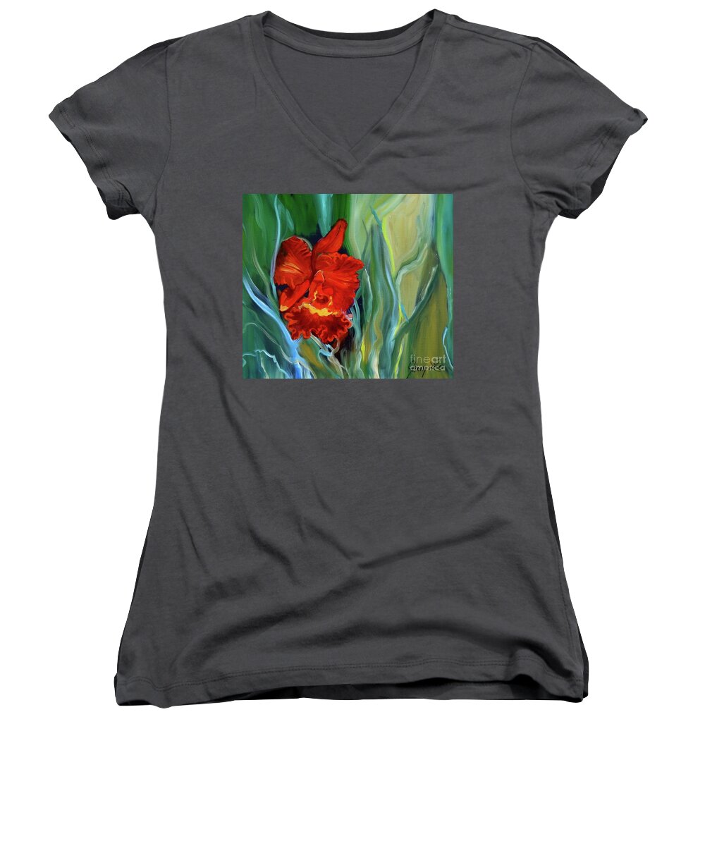 Red Orchid Women's V-Neck featuring the painting Red Jungle Orchid by Jenny Lee