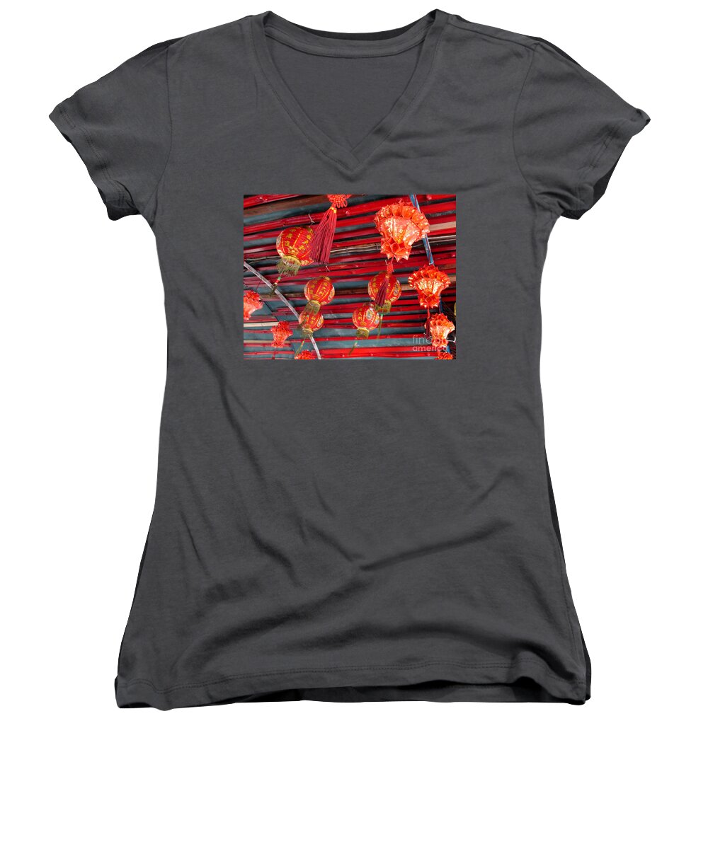 Red Lanterns Women's V-Neck featuring the photograph Red Lanterns 2 by Randall Weidner