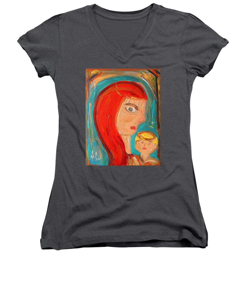 Red Women's V-Neck featuring the painting Red Madonna by Mary Carol Williams