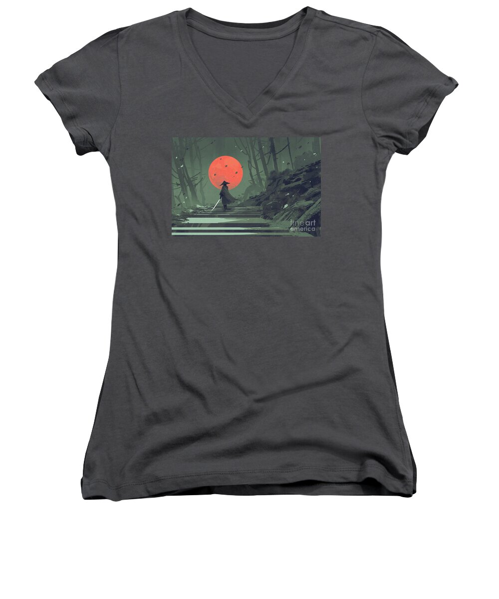 Acrylic Women's V-Neck featuring the painting Red Moon Night by Tithi Luadthong