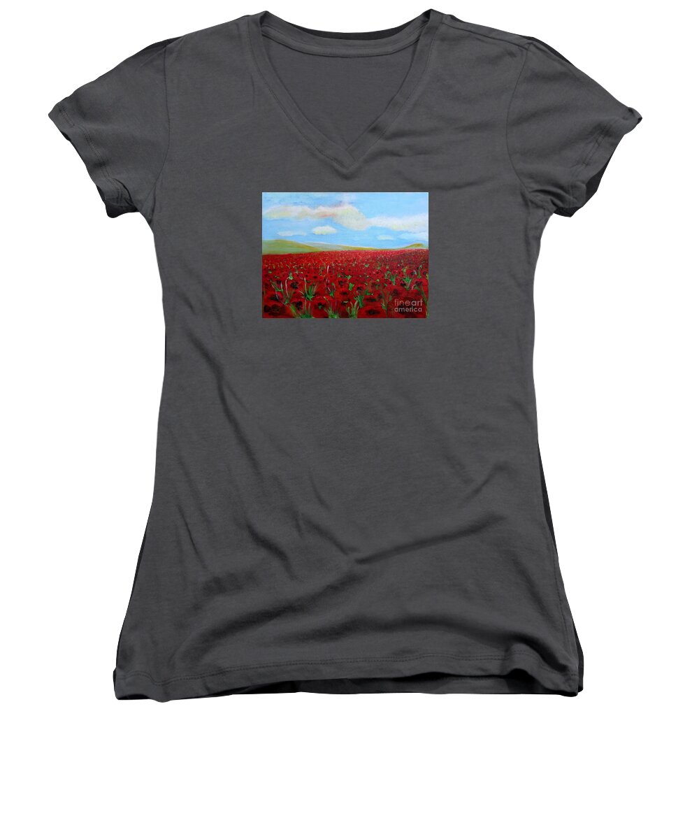 Red Poppies Women's V-Neck featuring the painting Red Poppies in Remembrance by Karen Jane Jones