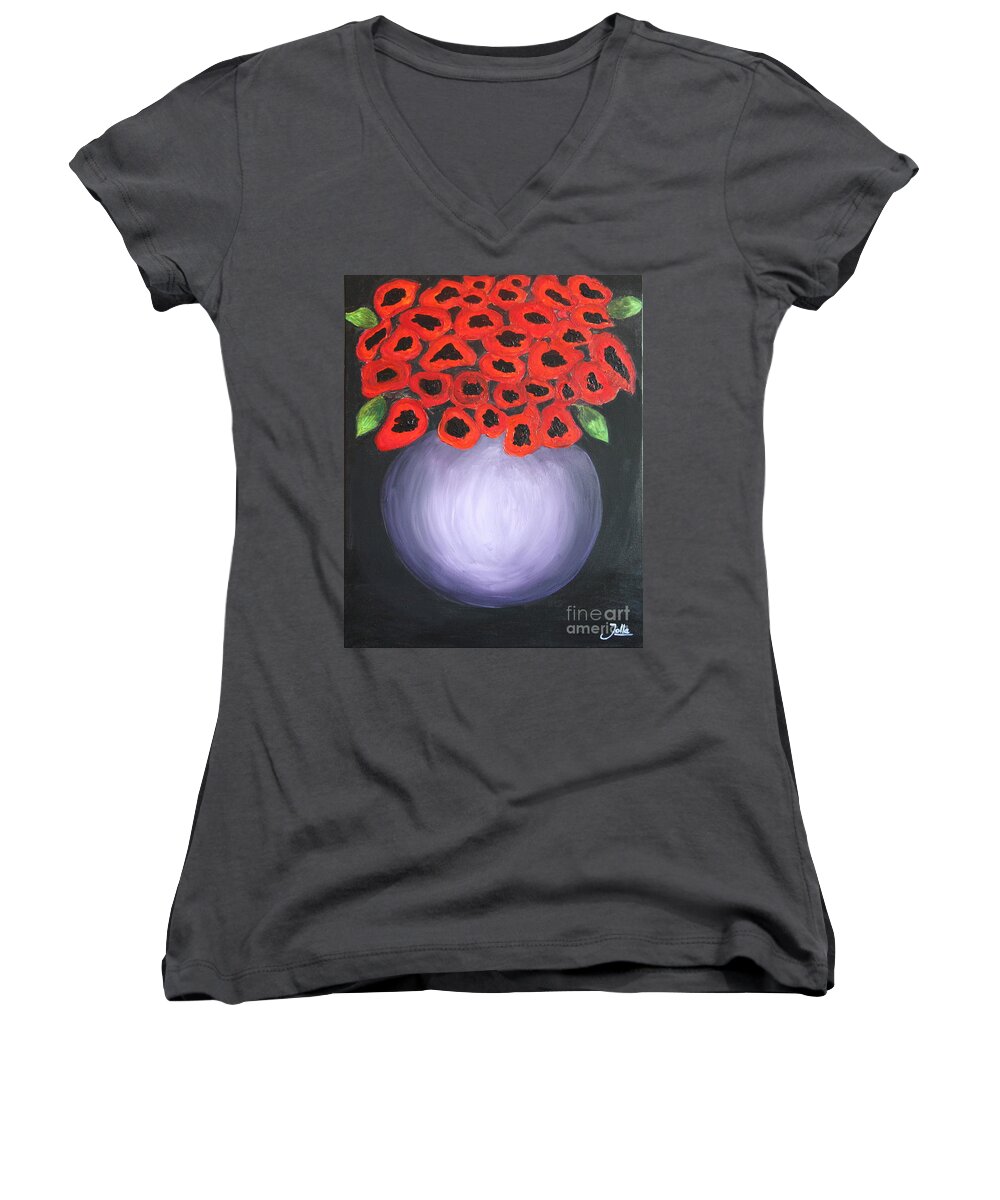 Abstract Women's V-Neck featuring the painting Red Poppies by Jolanta Anna Karolska