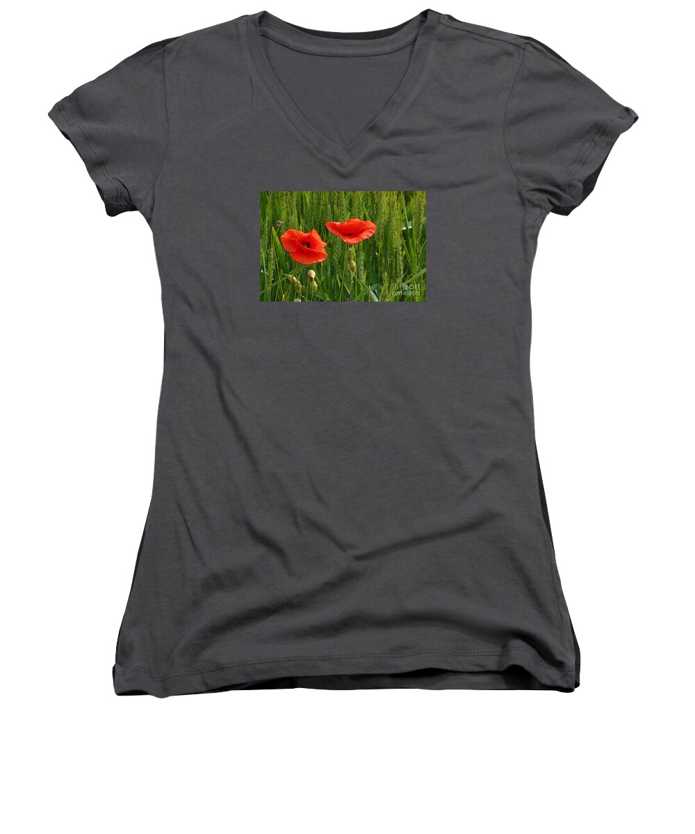Art Women's V-Neck featuring the photograph Red Poppy Flowers In Grassland 2 by Jean Bernard Roussilhe