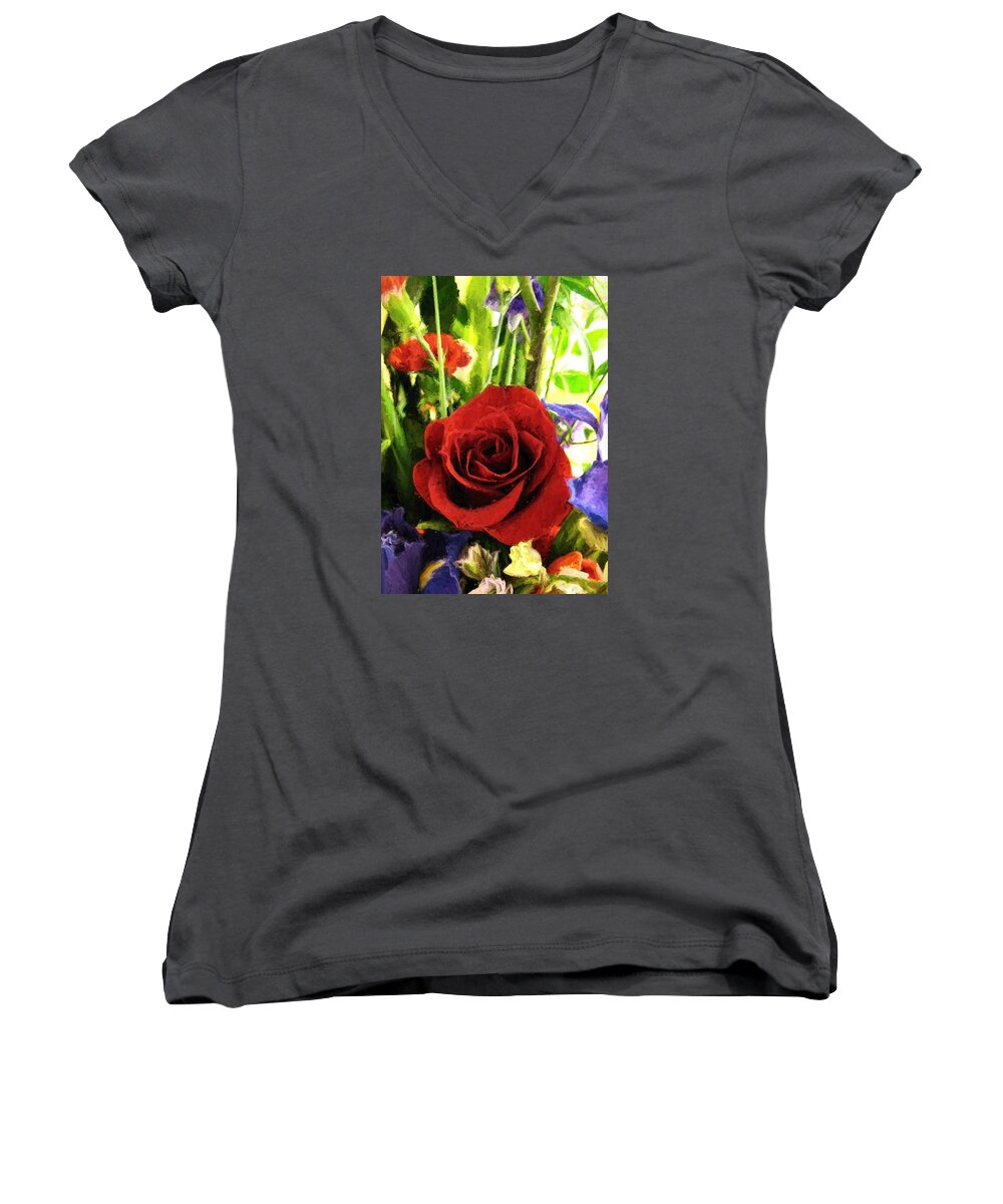 Floral Women's V-Neck featuring the digital art Red Rose and Flowers by Charmaine Zoe