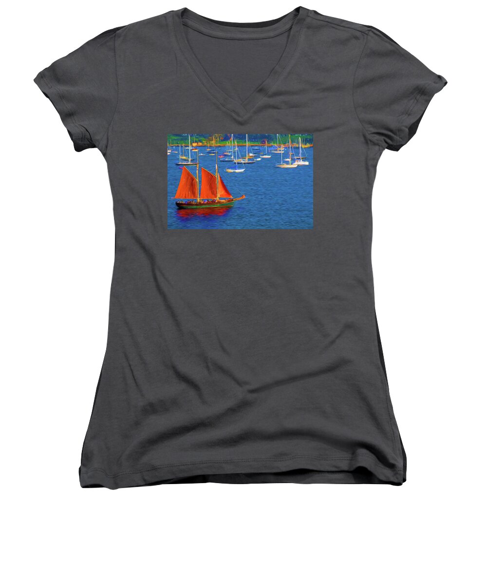 Red Women's V-Neck featuring the photograph Red Sails at Newport Harbour 2 by Ginger Wakem