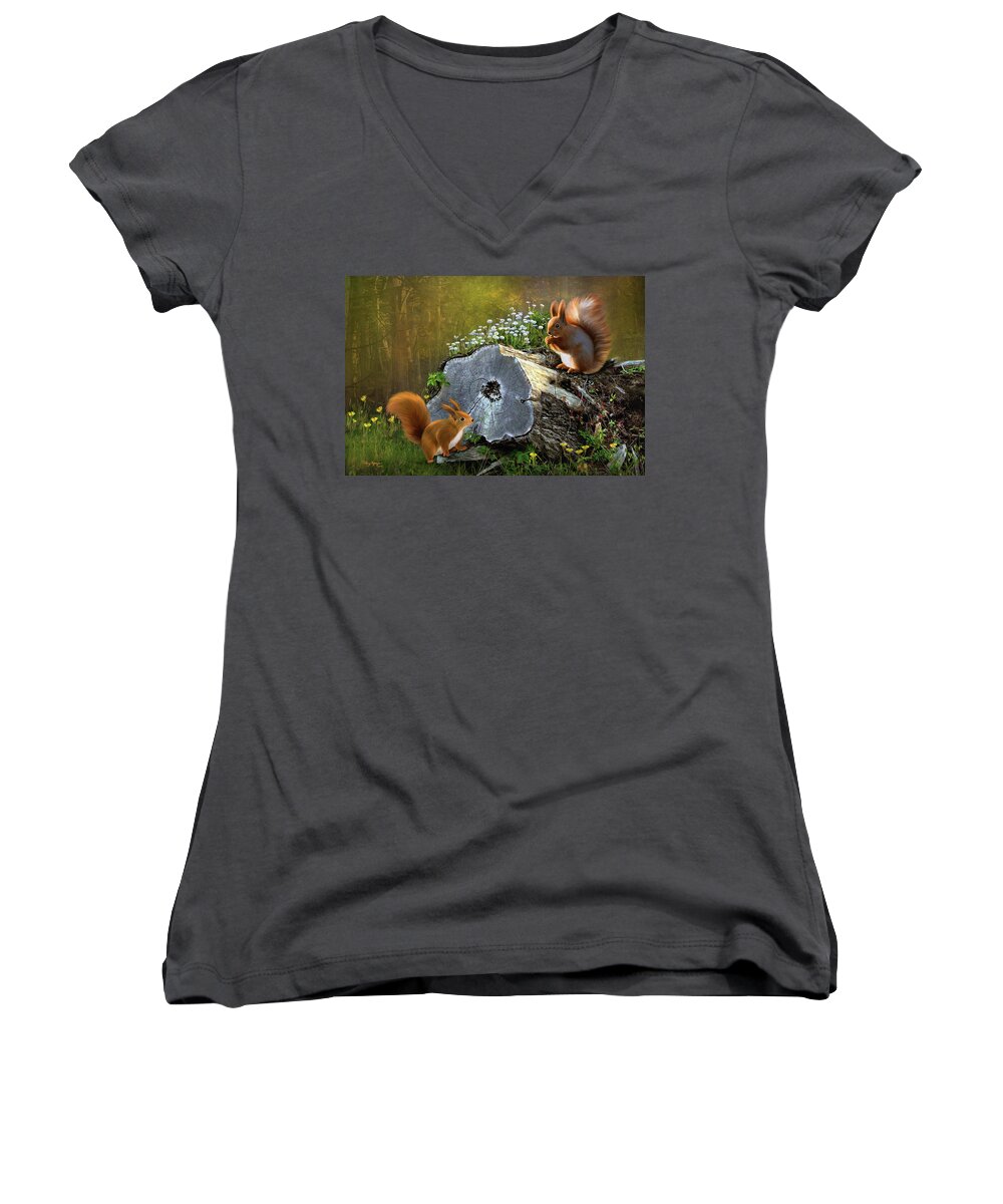 Red Squirrel Women's V-Neck featuring the digital art Red Squirrels by Thanh Thuy Nguyen