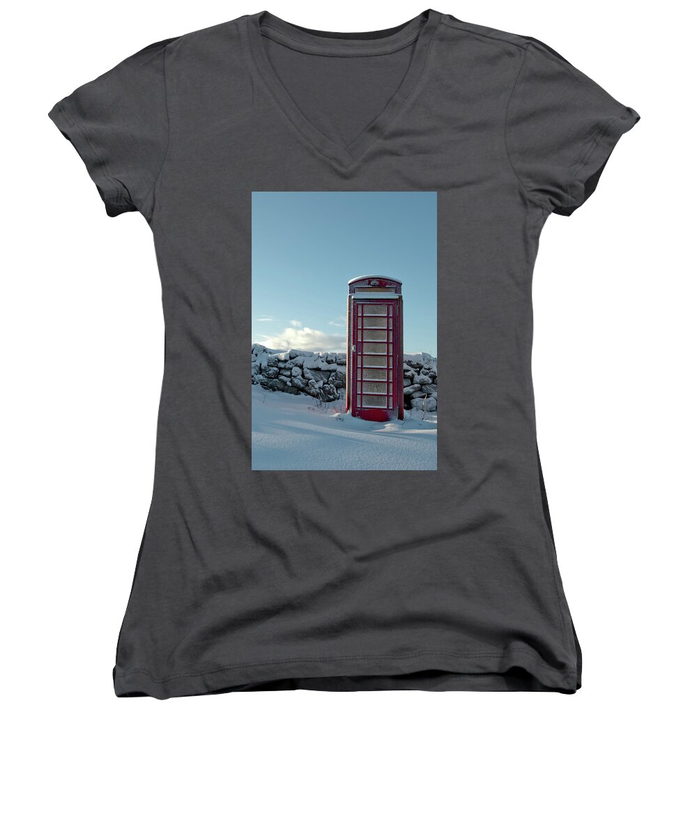 Red Telephone Box Women's V-Neck featuring the photograph Red Telephone Box in the Snow iii by Helen Jackson