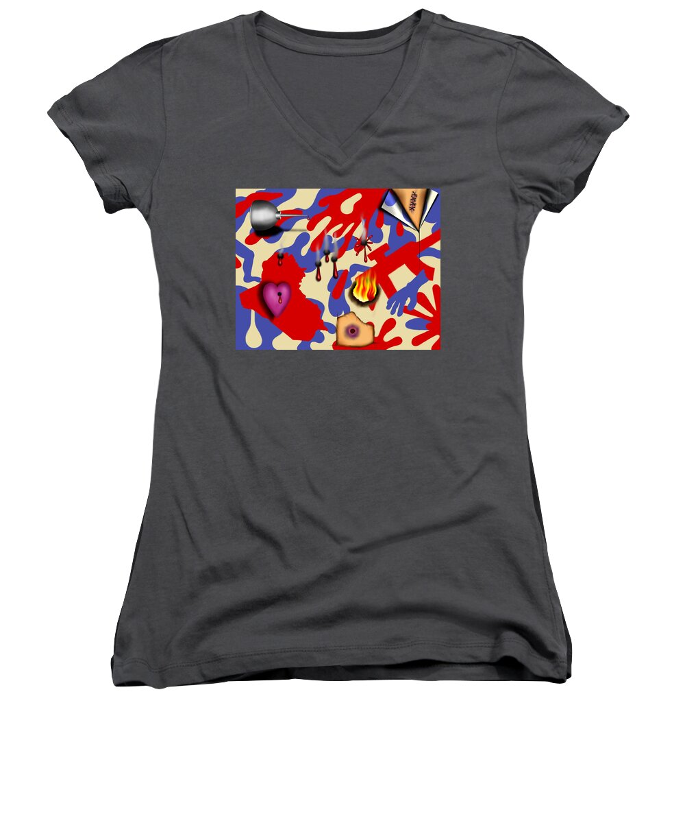 Surealism Women's V-Neck featuring the digital art Red White and Bruised II by Robert Morin