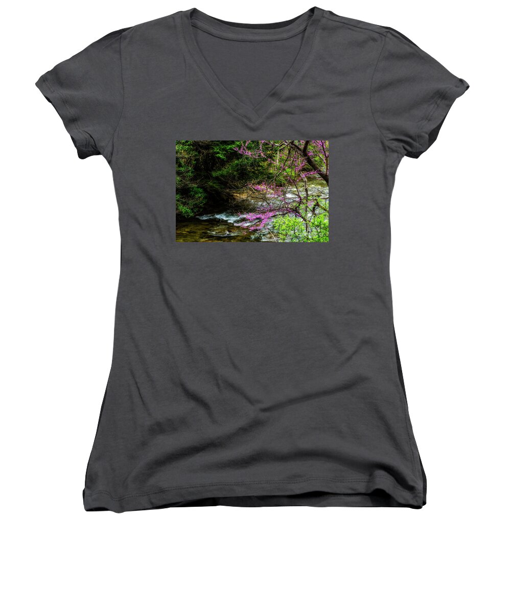 Spring Women's V-Neck featuring the photograph Redbud and River by Thomas R Fletcher