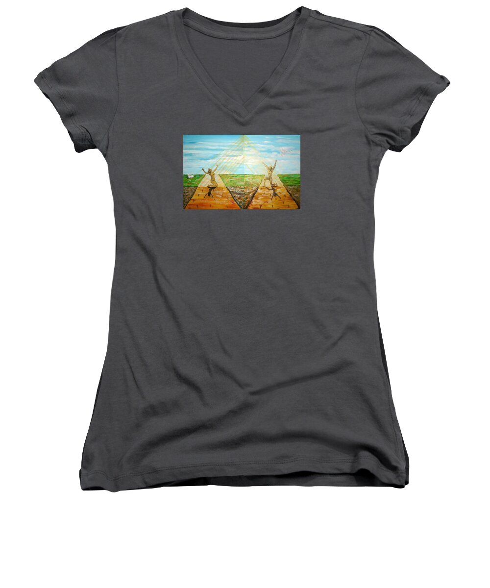 Surrealism Women's V-Neck featuring the painting Redemption by Lee McCormick