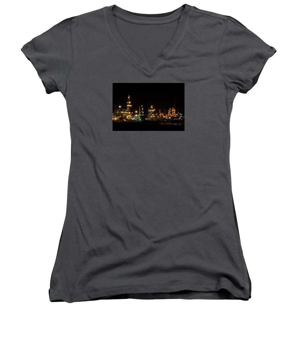 Refinery Women's V-Neck featuring the photograph Refinery At Night 2 by Stephen Holst