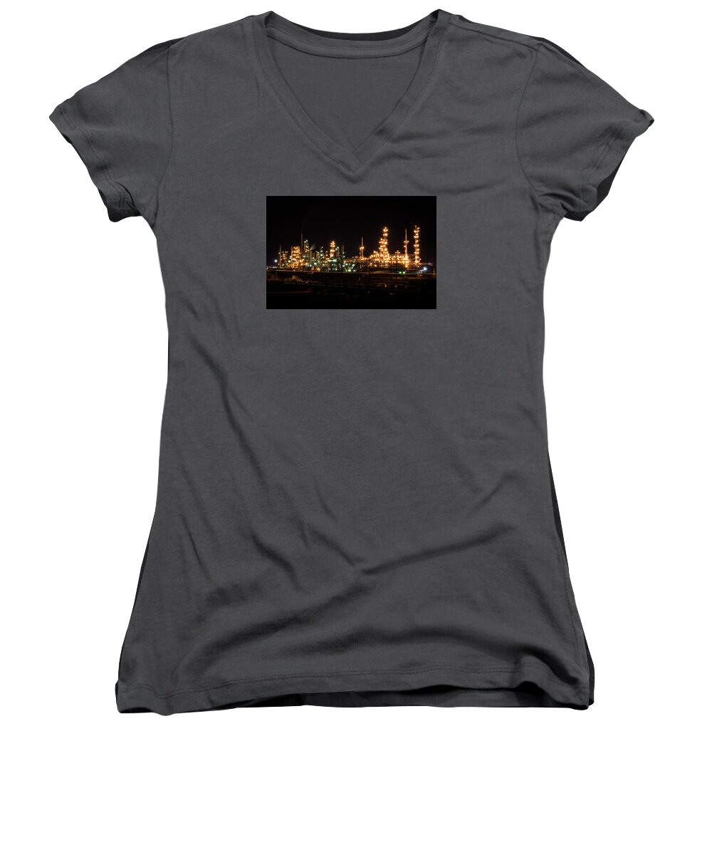 Refinery Women's V-Neck featuring the photograph Refinery At Night 3 by Stephen Holst