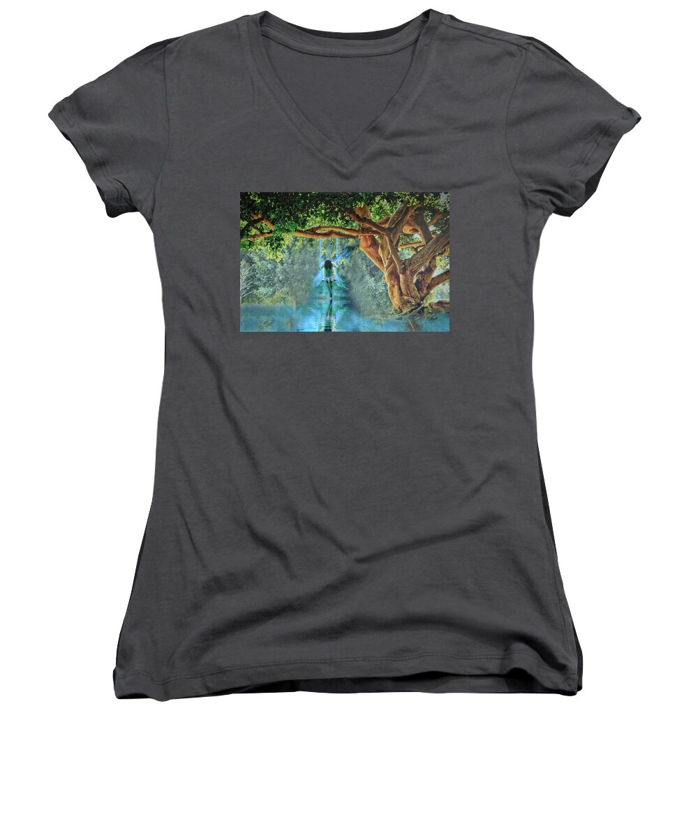  Fairy Tale Art Women's V-Neck featuring the digital art Reflection by Dennis Baswell