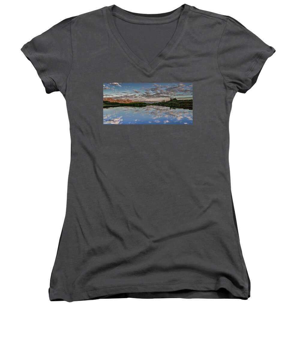 Pond Women's V-Neck featuring the photograph Reflection in a Mountain Pond by Don Schwartz