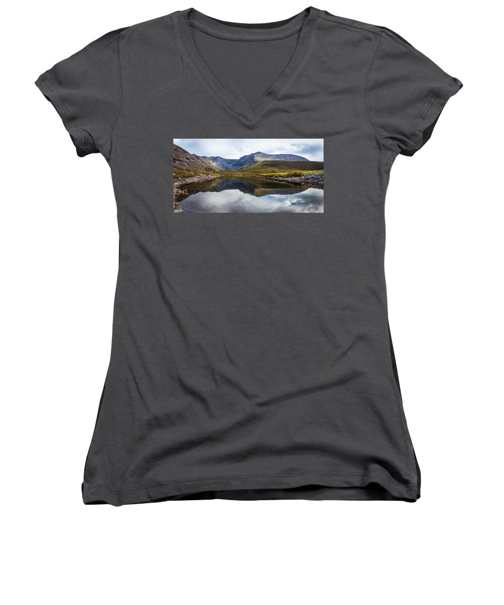 Black Women's V-Neck featuring the photograph Reflection of the Macgillycuddy's Reeks in Lough Eagher by Semmick Photo