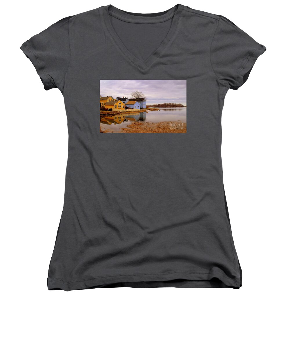 House Women's V-Neck featuring the photograph Reflections in the Harbor by Lennie Malvone