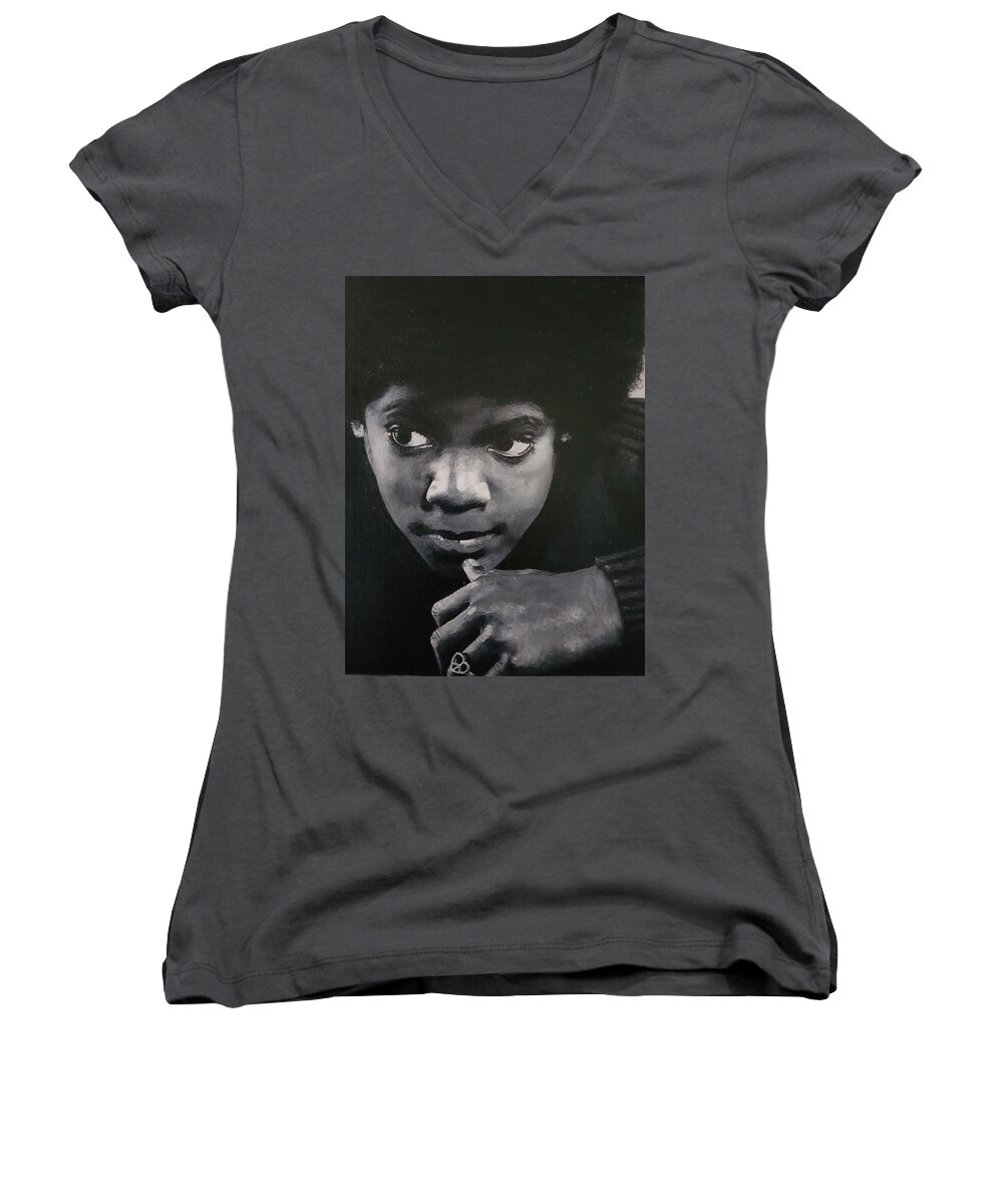 Michael Jackson Women's V-Neck featuring the painting Reflective Mood by Cassy Allsworth