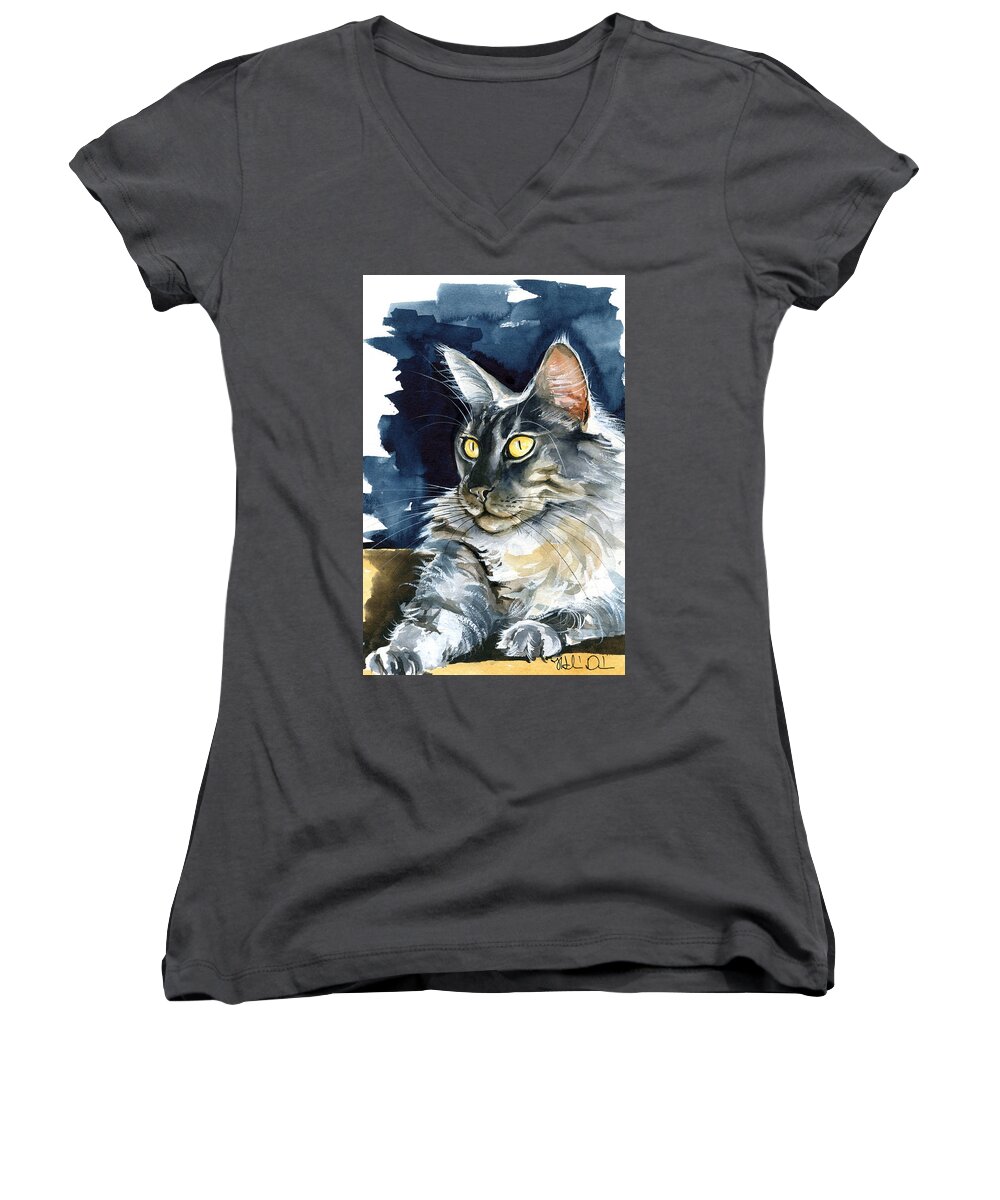 Maine Coon Painting Women's V-Neck featuring the painting Regina - Maine Coon Painting by Dora Hathazi Mendes