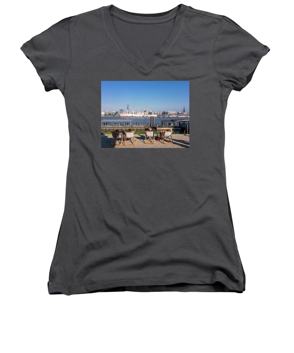Relax On The Elbe By Marina Usmanskaya Women's V-Neck featuring the photograph Relax on the Elbe by Marina Usmanskaya