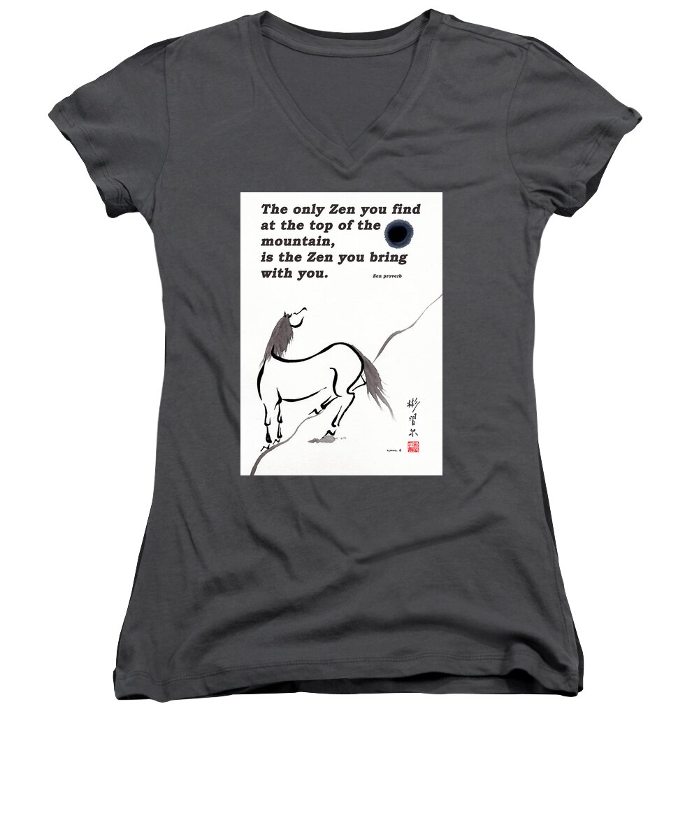Chinese Brush Painting Women's V-Neck featuring the painting Releasing with Zen proverb by Bill Searle