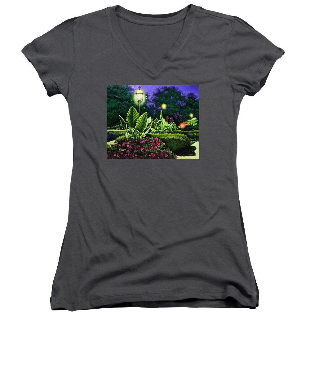 Park Women's V-Neck featuring the painting Rendezvous in the Park by Michael Frank