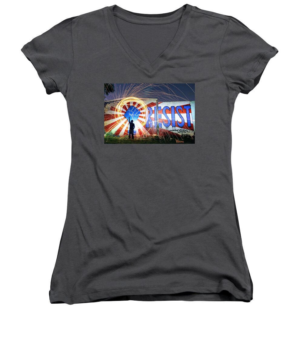 Lightpainting Women's V-Neck featuring the photograph Resist by Andrew Nourse