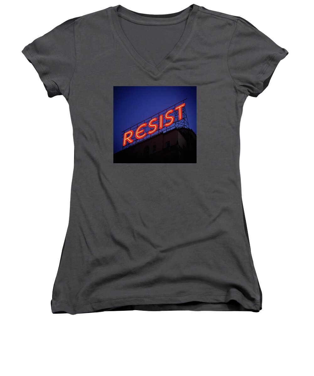 Red Lighted Sign Women's V-Neck featuring the photograph Resistance Neon Lights by Susan Maxwell Schmidt