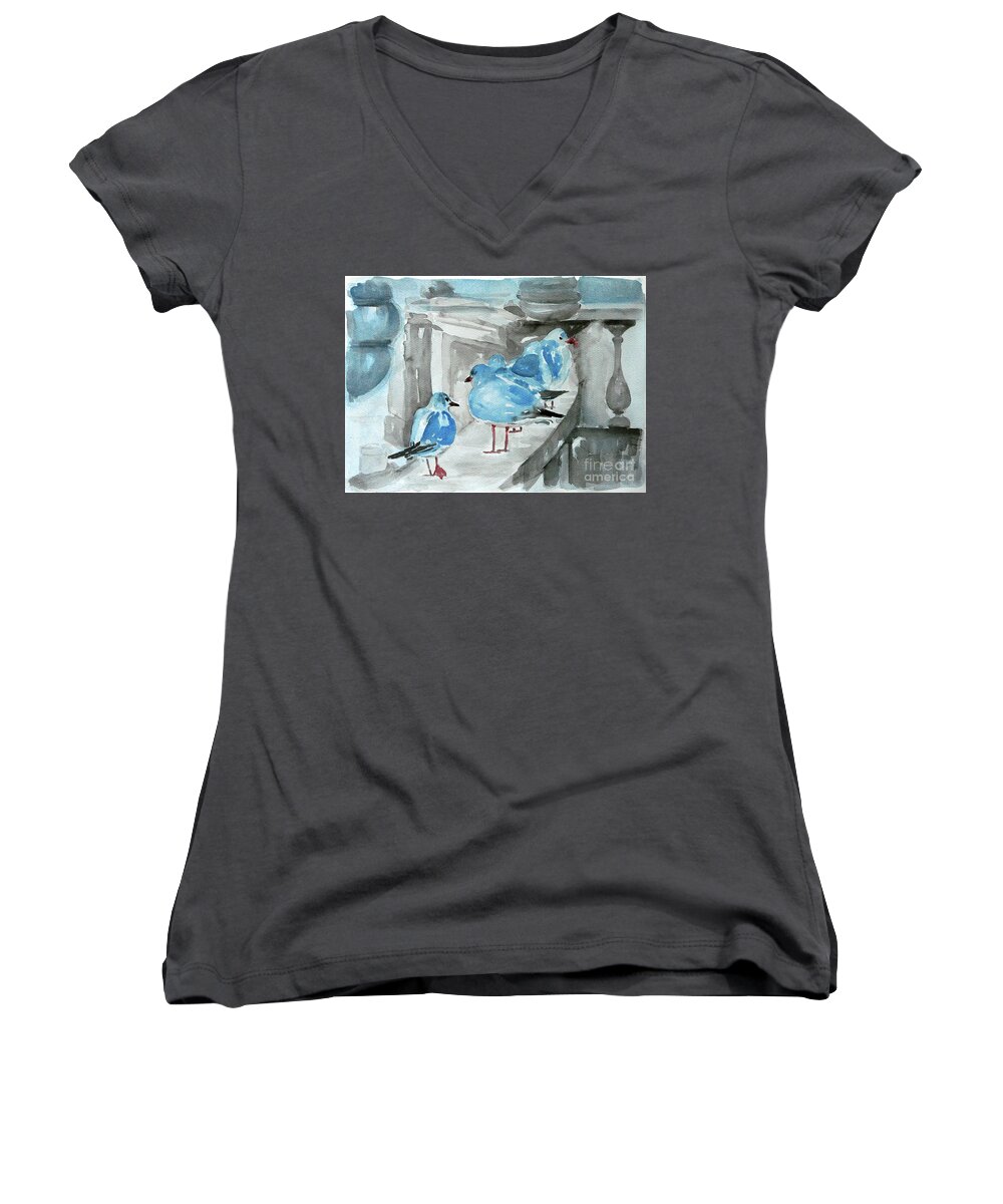 Seagulls Women's V-Neck featuring the painting Rest by the sea by Jasna Dragun