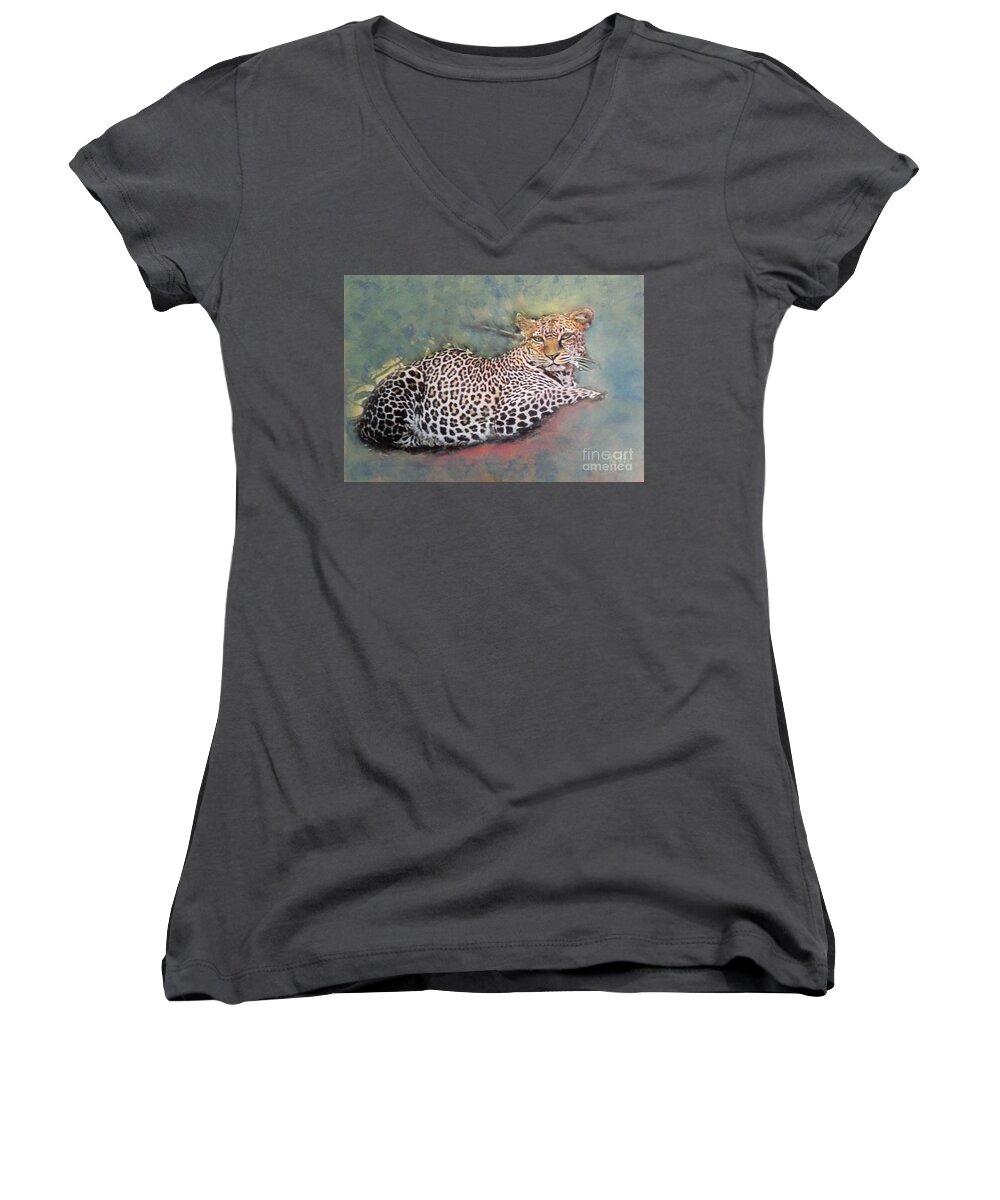 Leopard Women's V-Neck featuring the painting Resting Leopard by Richard James Digance