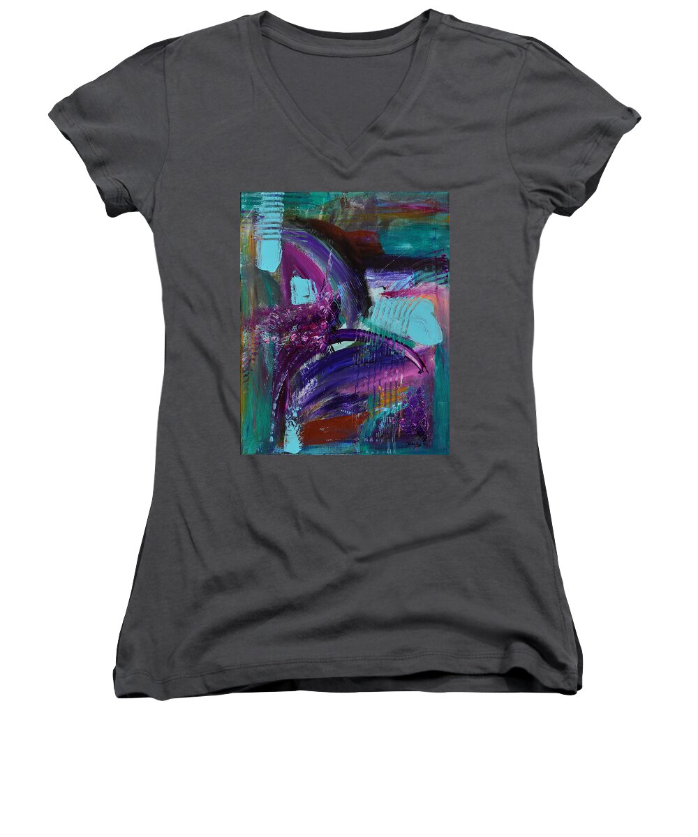 Modern Women's V-Neck featuring the painting Rhapsody In Raspberry by Donna Blackhall