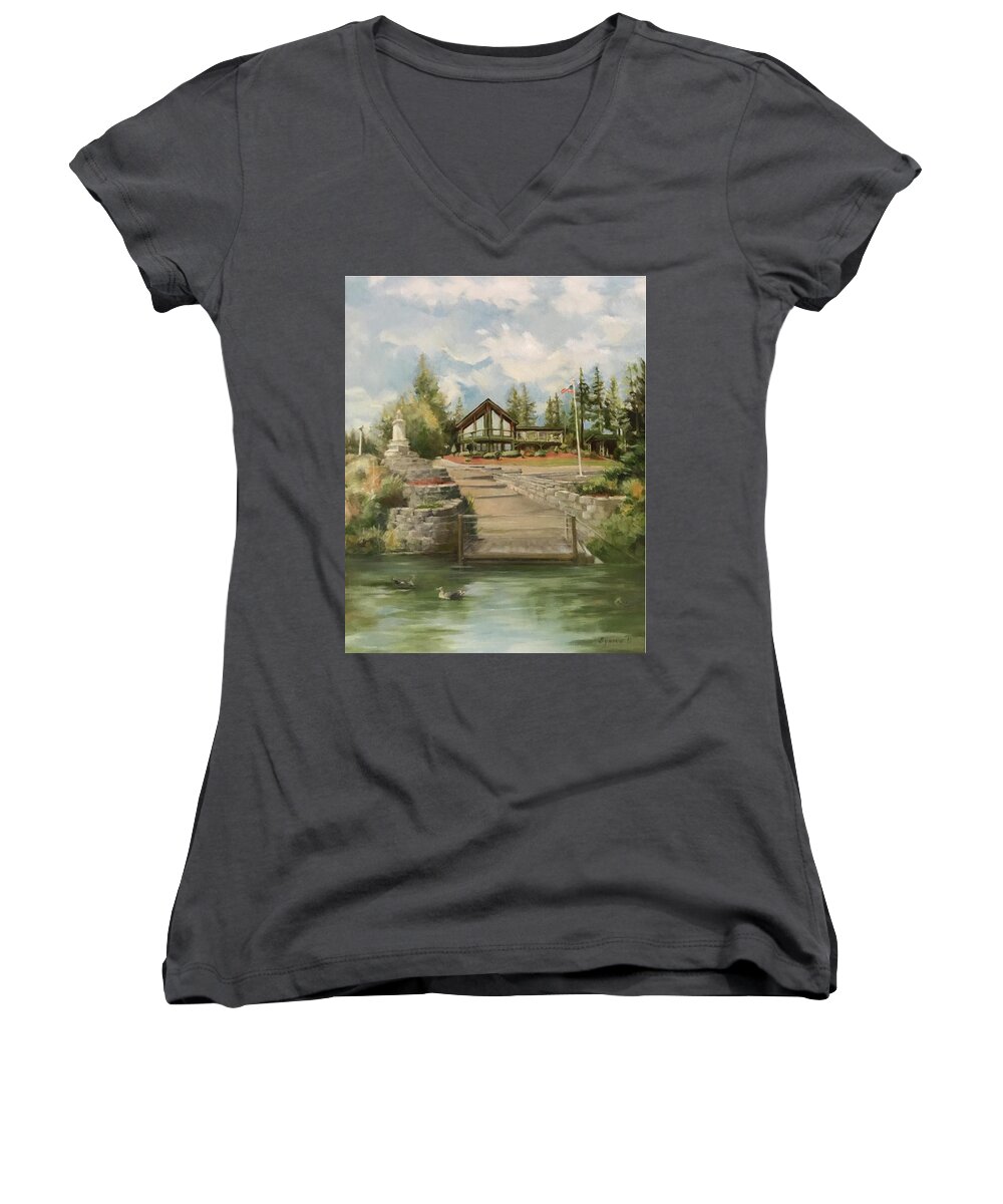 Landscape Women's V-Neck featuring the painting Rita's House by Synnove Pettersen