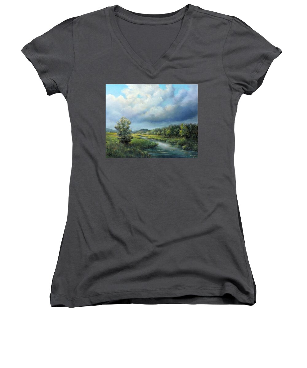 Landscape Women's V-Neck featuring the painting River landscape spring after the rain by Katalin Luczay