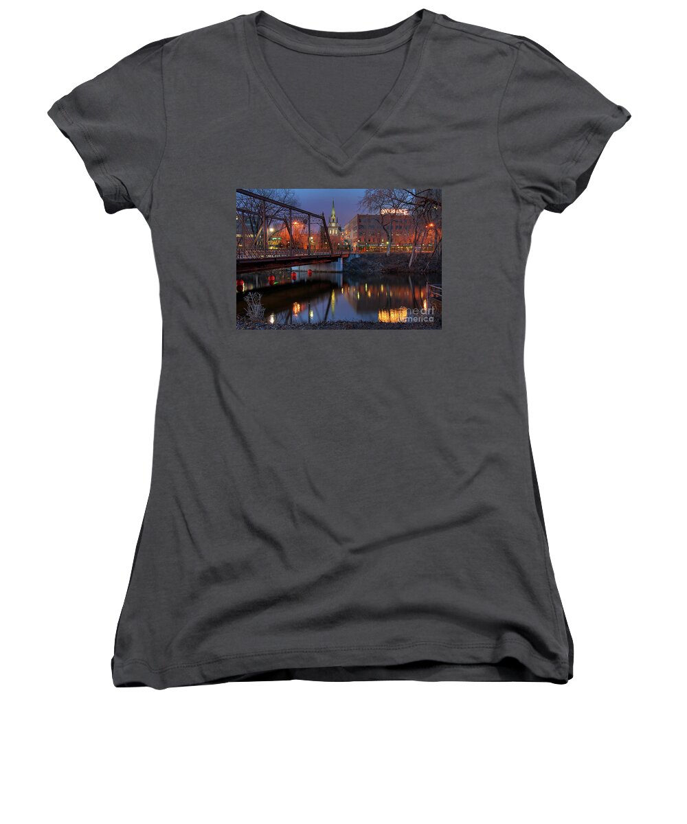 Minneapolis Women's V-Neck featuring the photograph Riverplace Minneapolis Little Europe by Wayne Moran