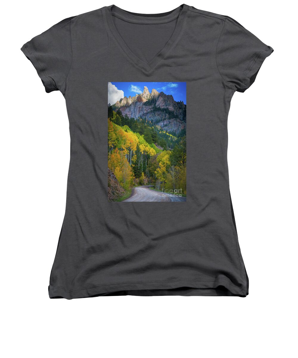 America Women's V-Neck featuring the photograph Road to Silver Mountain by Inge Johnsson