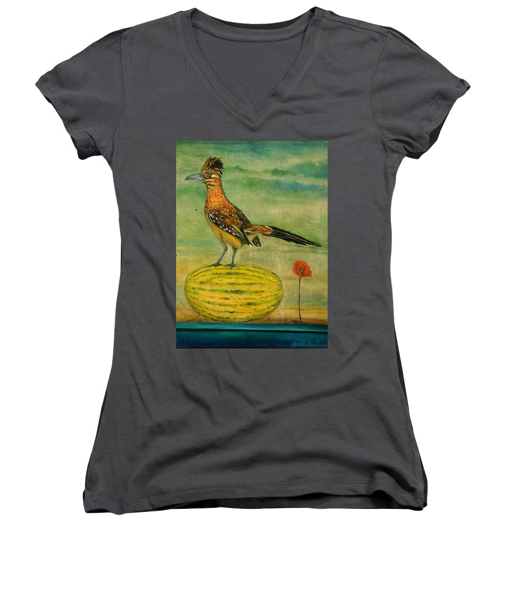 Roadrunner Women's V-Neck featuring the painting Roadrunner On A Melon by Leah Saulnier The Painting Maniac