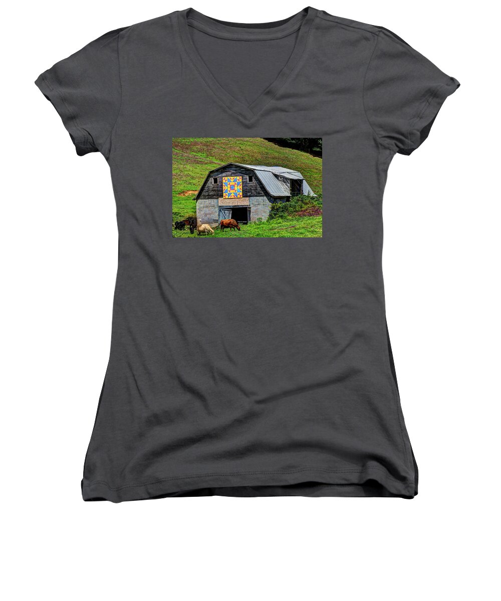 Barn Quilts Women's V-Neck featuring the photograph Robbing Peter to Pay Paul by Dale R Carlson