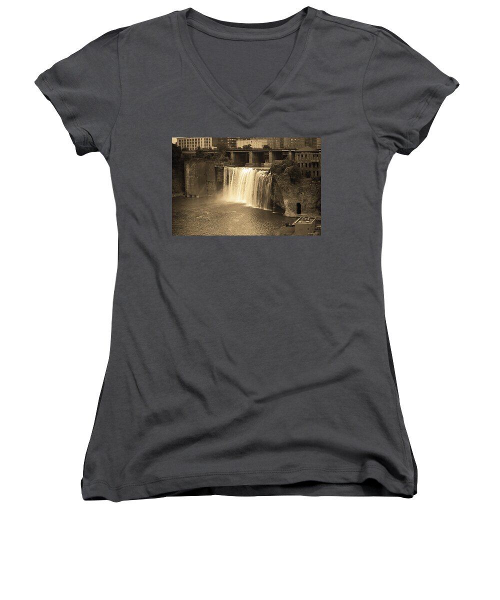 America Women's V-Neck featuring the photograph Rochester, New York - High Falls Sepia by Frank Romeo