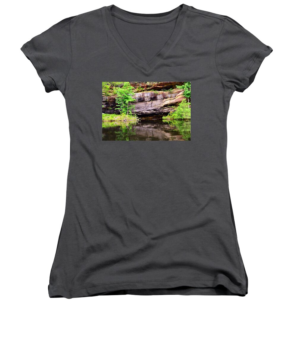 Reflections Women's V-Neck featuring the photograph Rock Wall Reflections by Stacie Siemsen