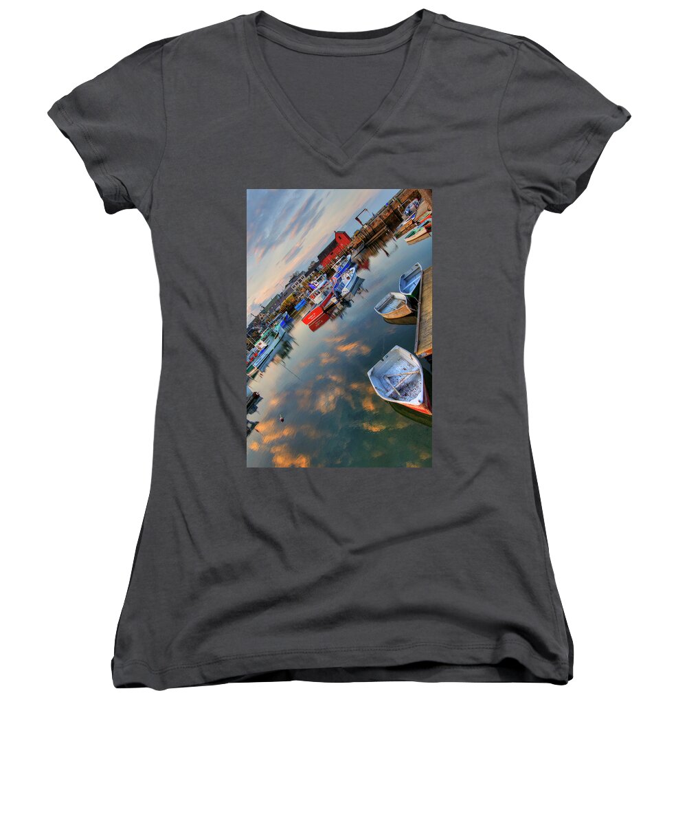Rockport Women's V-Neck featuring the photograph Rockport Harbor Motif #1 by Joann Vitali