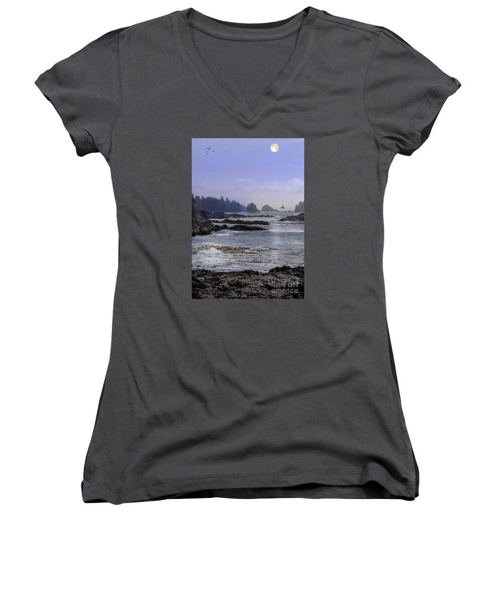 Water Women's V-Neck featuring the photograph Rocks and Moon and Water by Barry Weiss