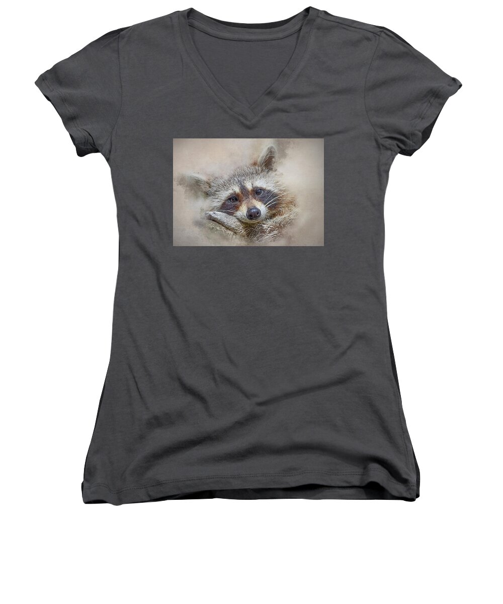 Procyon Lotor Women's V-Neck featuring the photograph Rocky Raccoon by Brian Tarr