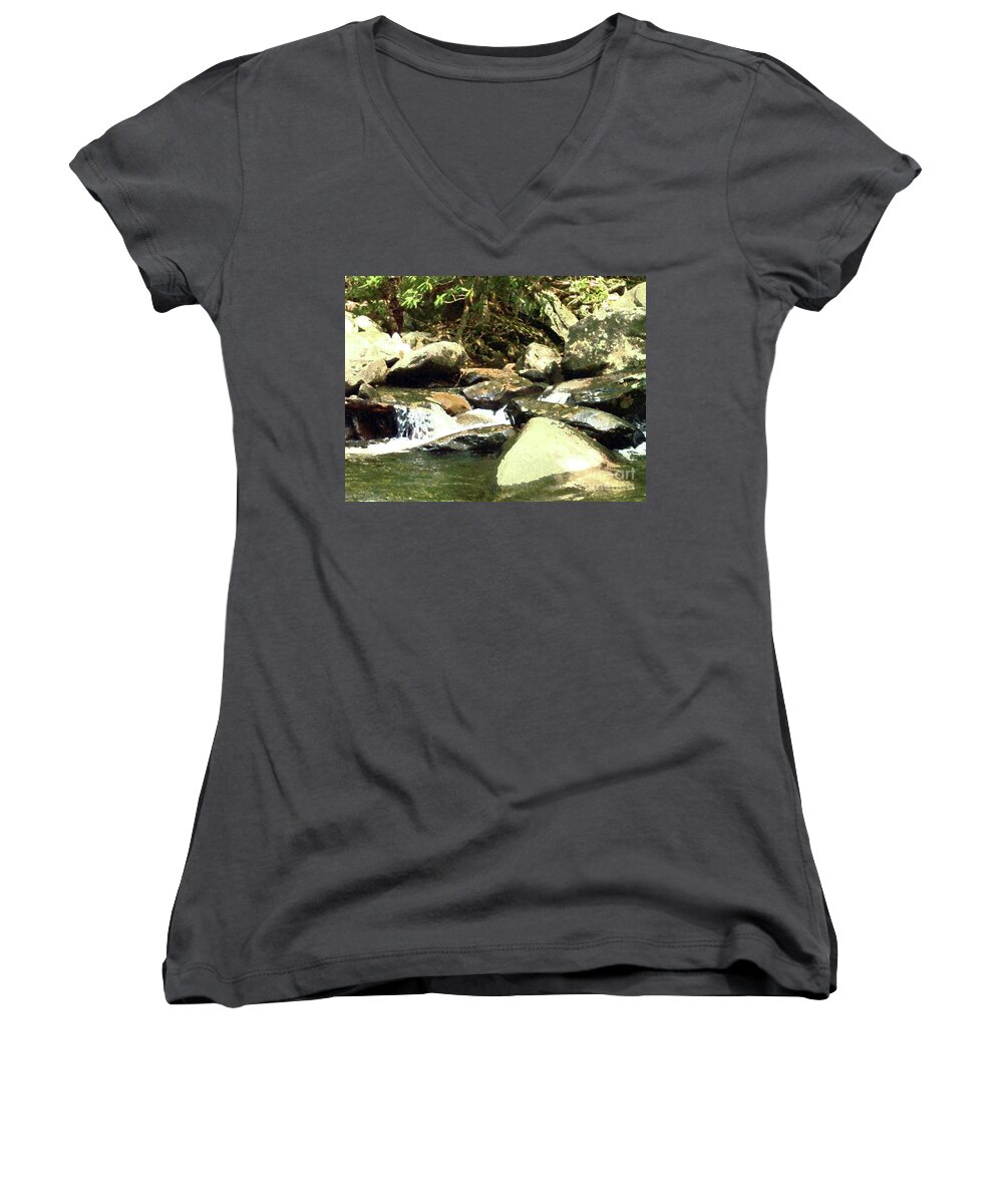 Rocky Stream Women's V-Neck featuring the mixed media Rocky Stream 5 by Desiree Paquette